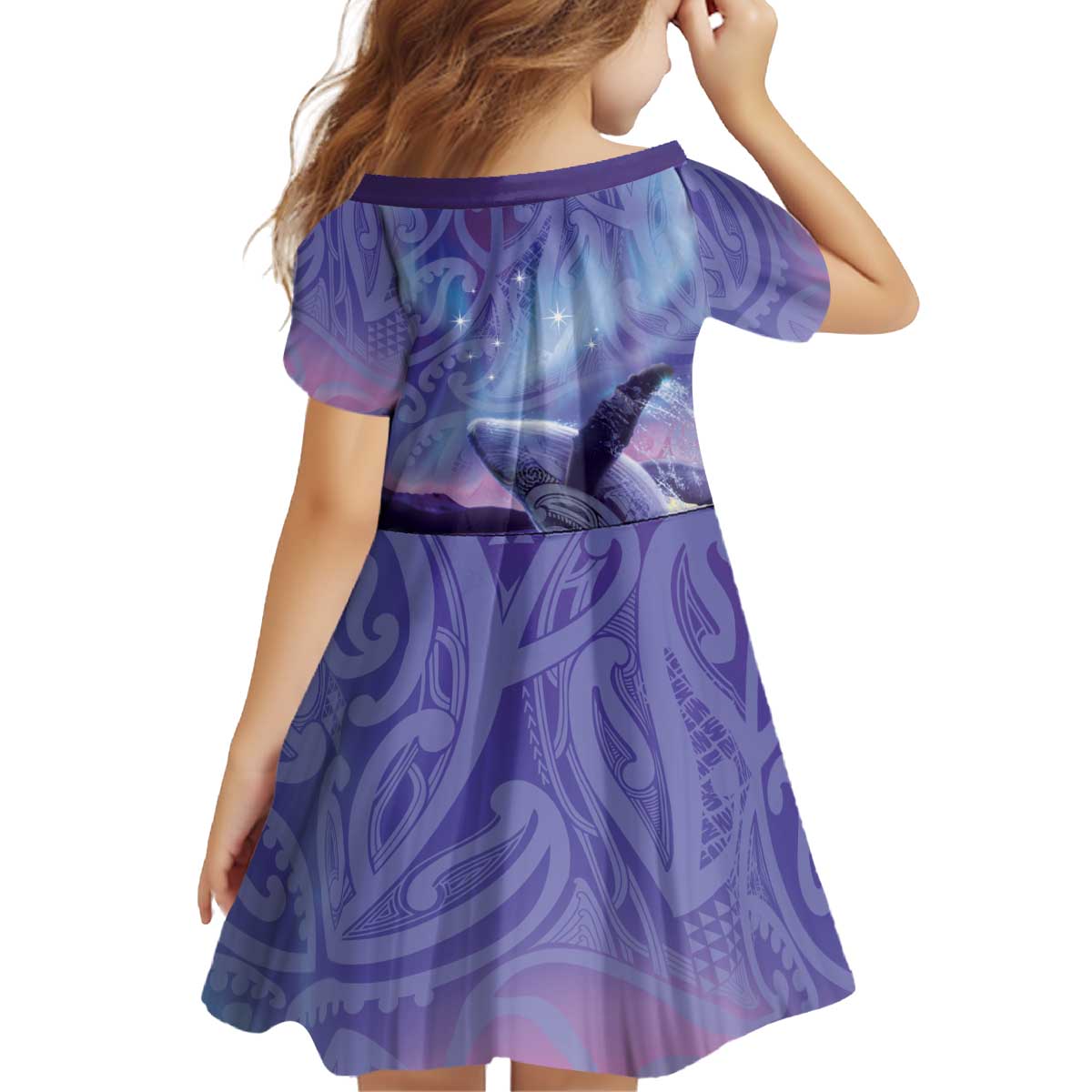 New Zealand Matariki Humpback Whale Kid Short Sleeve Dress Paikea Maori New Year Purple Galaxy