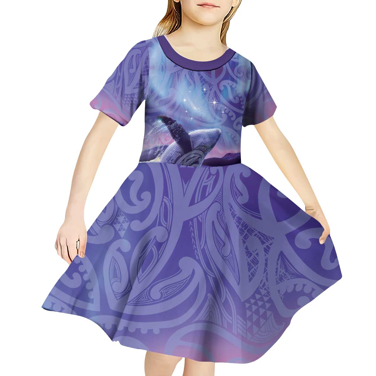 New Zealand Matariki Humpback Whale Kid Short Sleeve Dress Paikea Maori New Year Purple Galaxy
