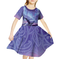 New Zealand Matariki Humpback Whale Kid Short Sleeve Dress Paikea Maori New Year Purple Galaxy