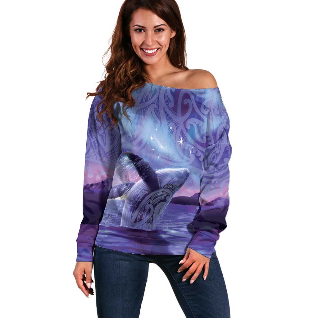 New Zealand Matariki Humpback Whale Off Shoulder Sweater Paikea Maori New Year Purple Galaxy