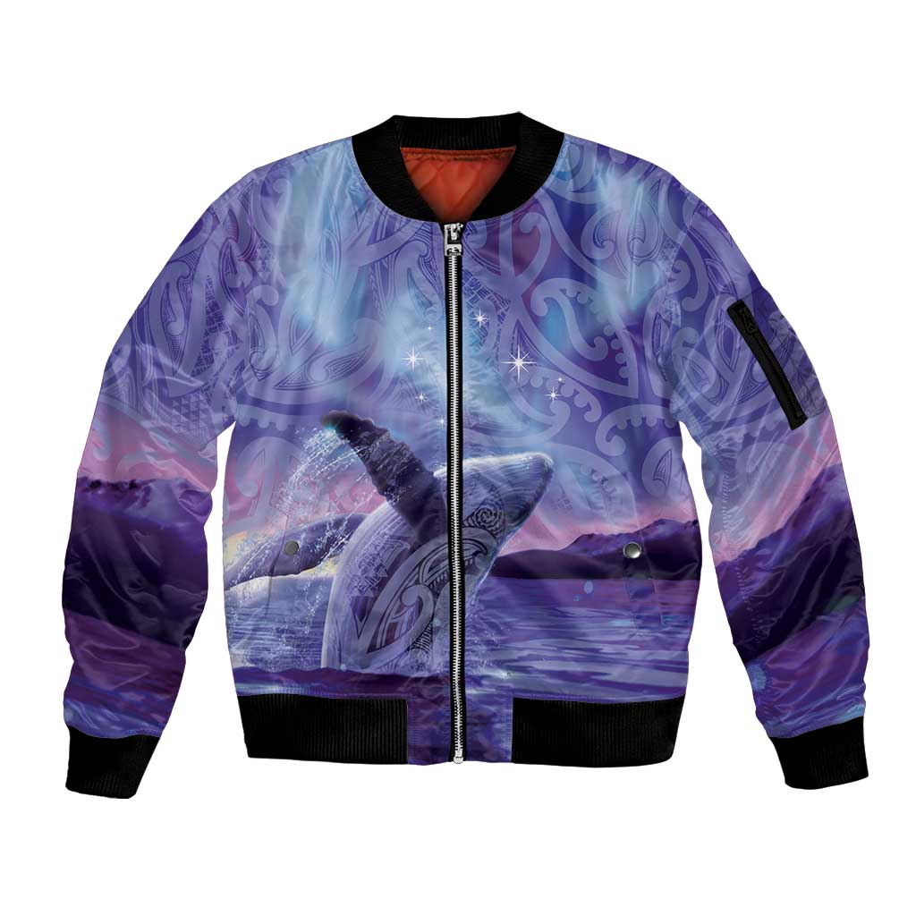 New Zealand Matariki Humpback Whale Sleeve Zip Bomber Jacket Paikea Maori New Year Purple Galaxy