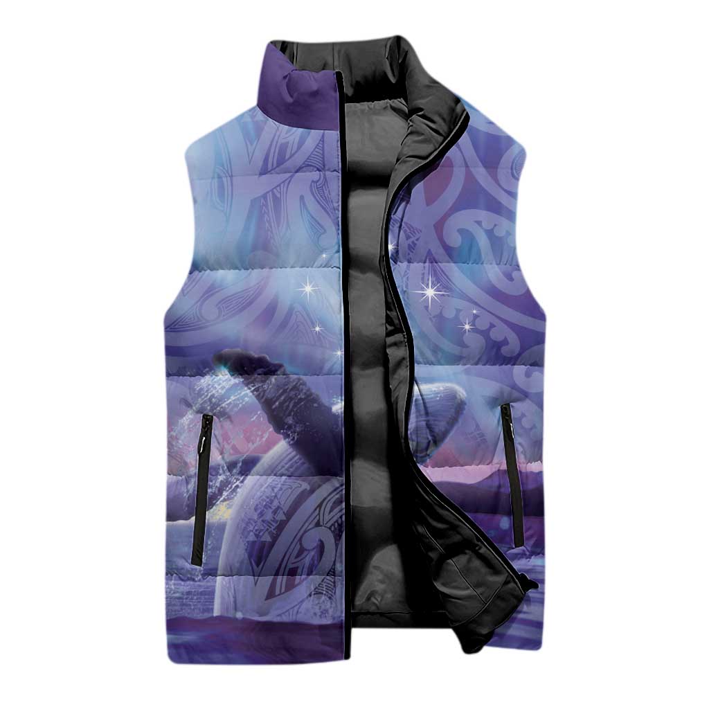 New Zealand Matariki Humpback Whale Sleeveless Puffer Jacket Paikea Maori New Year Purple Galaxy
