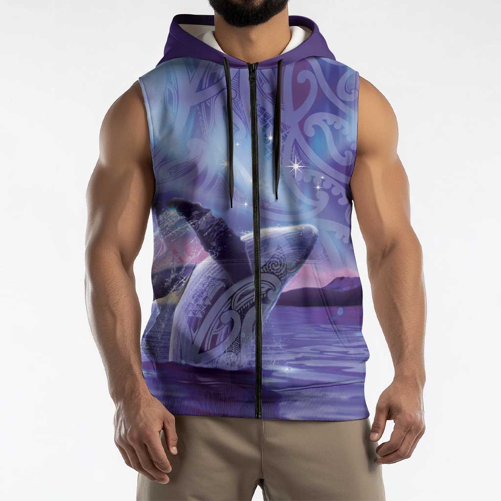 New Zealand Matariki Humpback Whale Sleeveless Zip Hoodie Paikea Maori New Year Purple Galaxy