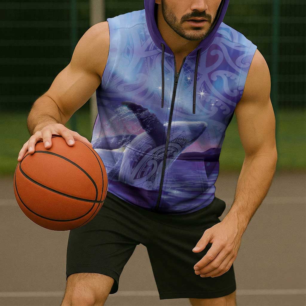 New Zealand Matariki Humpback Whale Sleeveless Zip Hoodie Paikea Maori New Year Purple Galaxy