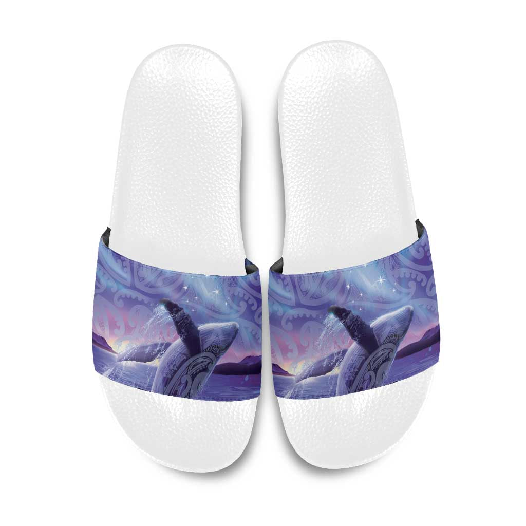 New Zealand Matariki Humpback Whale Slide Sandals Paikea Maori New Year Purple Galaxy