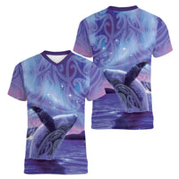 New Zealand Matariki Humpback Whale Women V-Neck T-Shirt Paikea Maori New Year Purple Galaxy