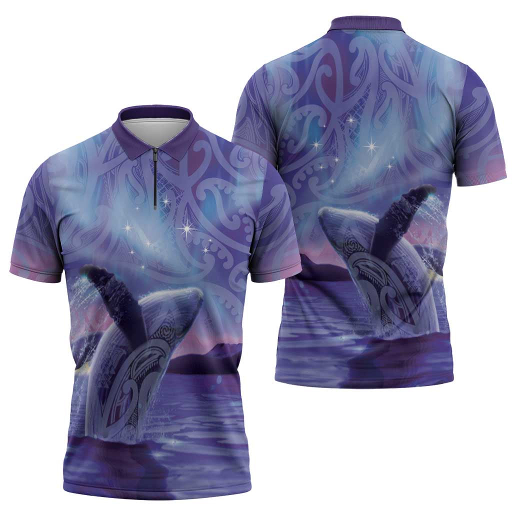 New Zealand Matariki Humpback Whale Zipper Polo Shirt Paikea Maori New Year Purple Galaxy