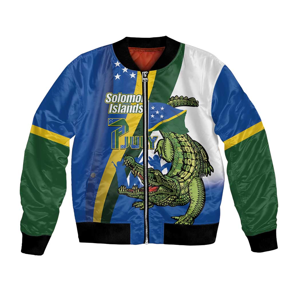 Solomon Islands Independence Day Bomber Jacket Happy 7 July Crocodile Flag Style