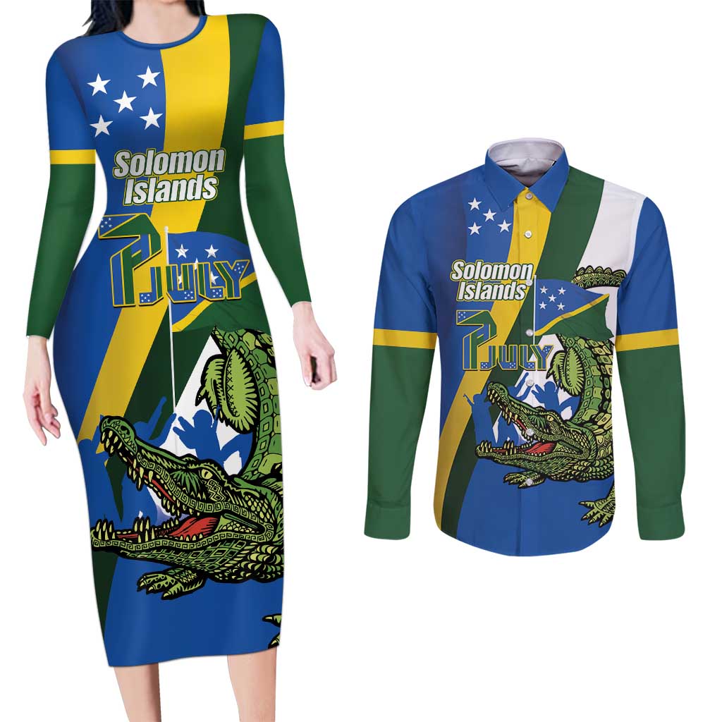 Solomon Islands Independence Day Couples Matching Long Sleeve Bodycon Dress and Long Sleeve Button Shirt Happy 7 July Crocodile Flag Style