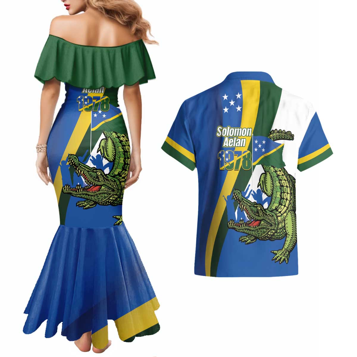 Solomon Islands Independence Day Couples Matching Mermaid Dress and Hawaiian Shirt Happy 7 July Crocodile Flag Style