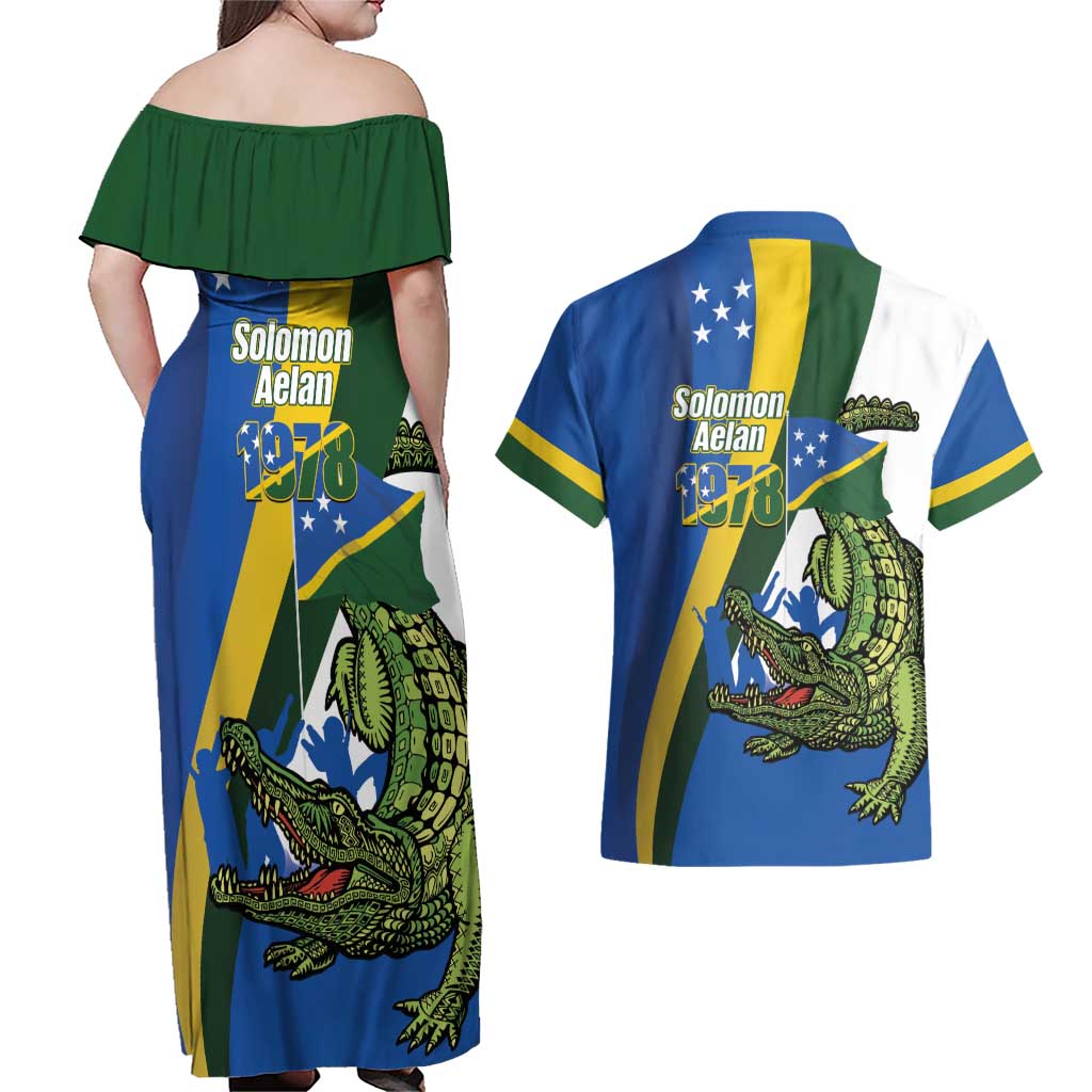 Solomon Islands Independence Day Couples Matching Off Shoulder Maxi Dress and Hawaiian Shirt Happy 7 July Crocodile Flag Style