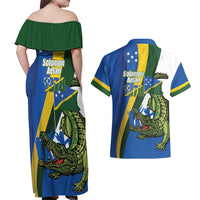 Solomon Islands Independence Day Couples Matching Off Shoulder Maxi Dress and Hawaiian Shirt Happy 7 July Crocodile Flag Style