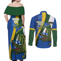Solomon Islands Independence Day Couples Matching Off Shoulder Maxi Dress and Long Sleeve Button Shirt Happy 7 July Crocodile Flag Style