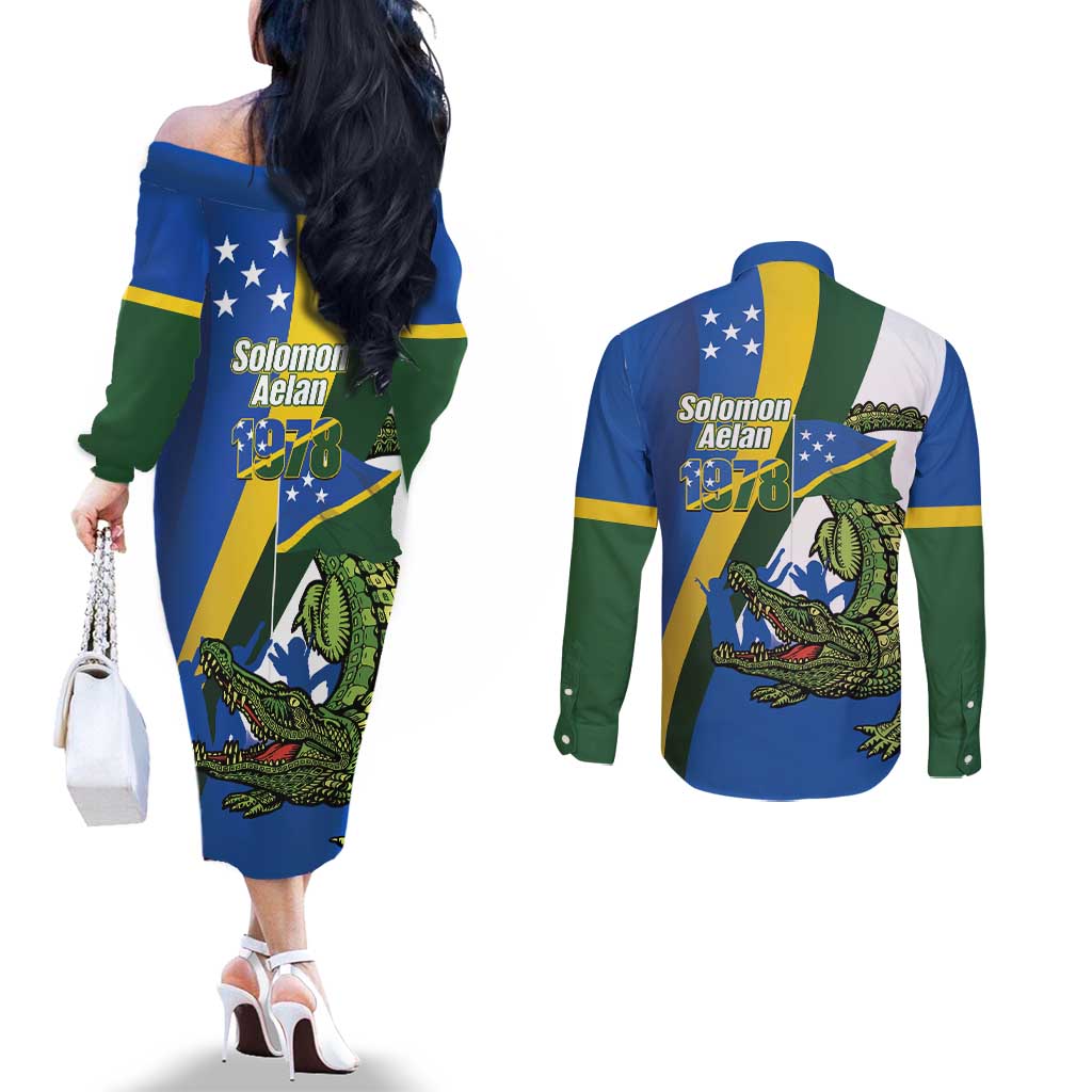 Solomon Islands Independence Day Couples Matching Off The Shoulder Long Sleeve Dress and Long Sleeve Button Shirt Happy 7 July Crocodile Flag Style