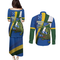 Solomon Islands Independence Day Couples Matching Puletasi and Long Sleeve Button Shirt Happy 7 July Crocodile Flag Style