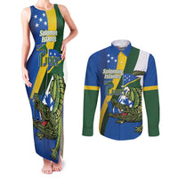 Solomon Islands Independence Day Couples Matching Tank Maxi Dress and Long Sleeve Button Shirt Happy 7 July Crocodile Flag Style