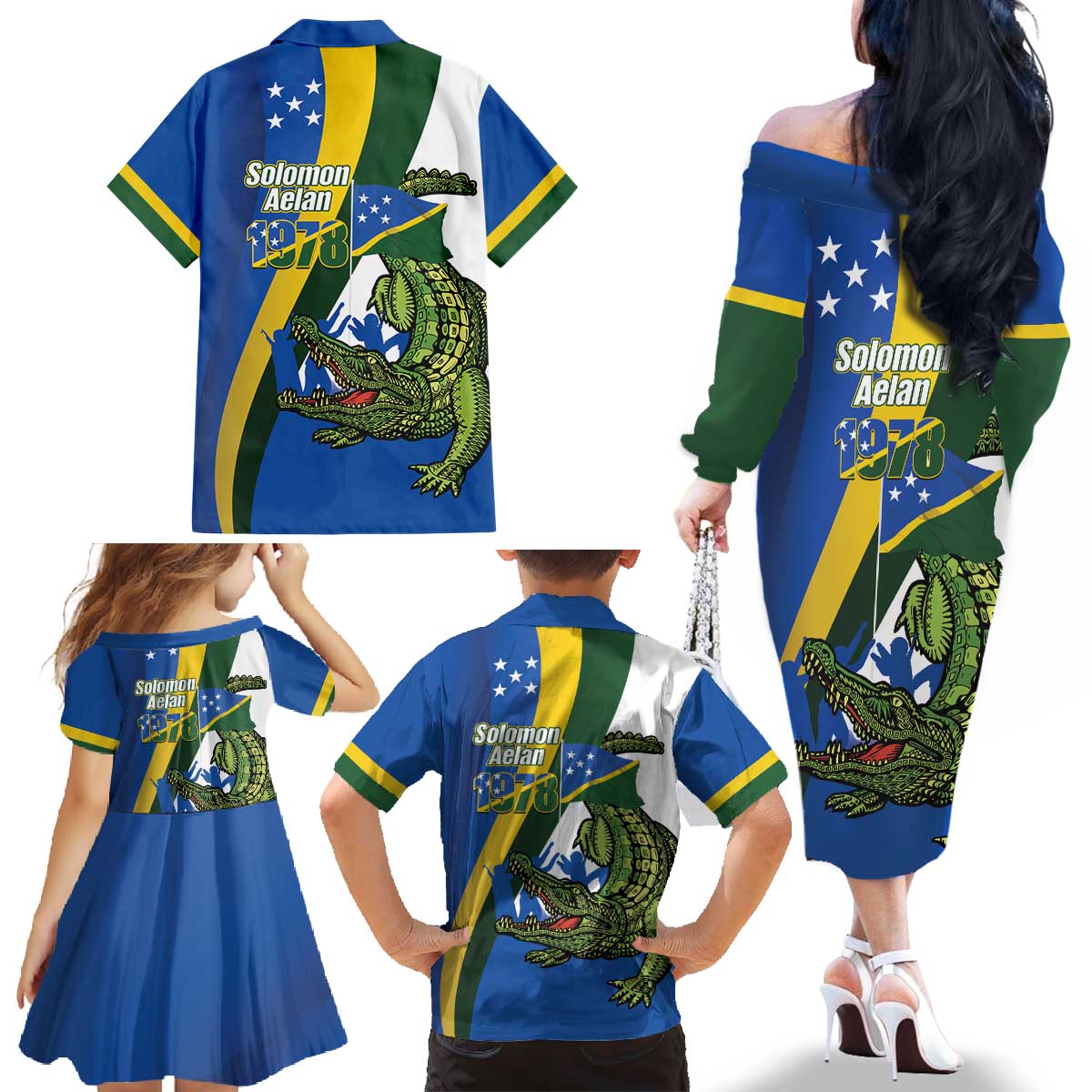 Solomon Islands Independence Day Family Matching Off The Shoulder Long Sleeve Dress and Hawaiian Shirt Happy 7 July Crocodile Flag Style
