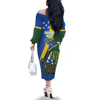 Solomon Islands Independence Day Family Matching Off The Shoulder Long Sleeve Dress and Hawaiian Shirt Happy 7 July Crocodile Flag Style
