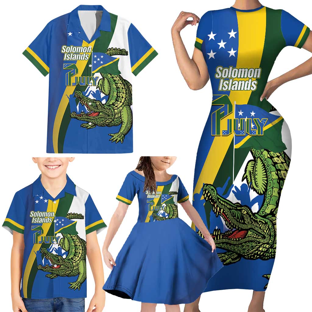 Solomon Islands Independence Day Family Matching Short Sleeve Bodycon Dress and Hawaiian Shirt Happy 7 July Crocodile Flag Style