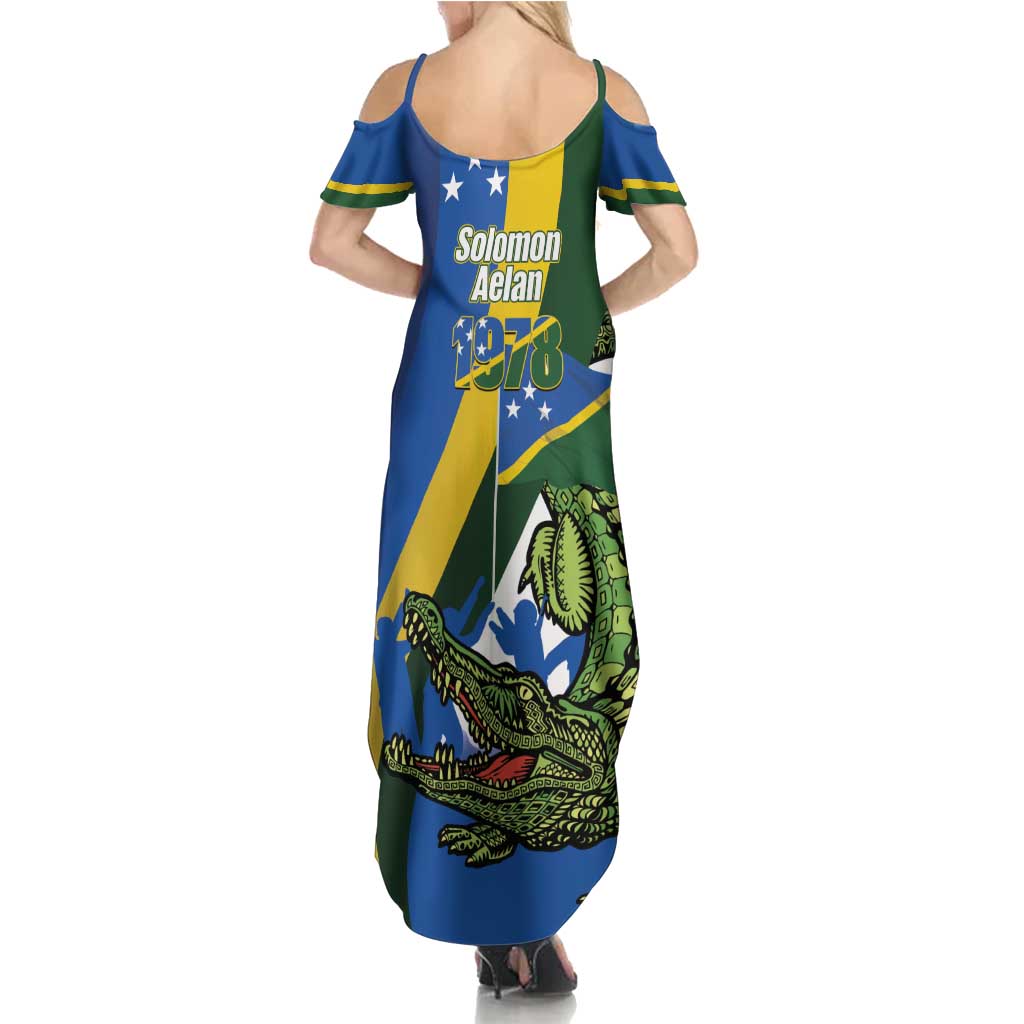 Solomon Islands Independence Day Family Matching Summer Maxi Dress and Hawaiian Shirt Happy 7 July Crocodile Flag Style