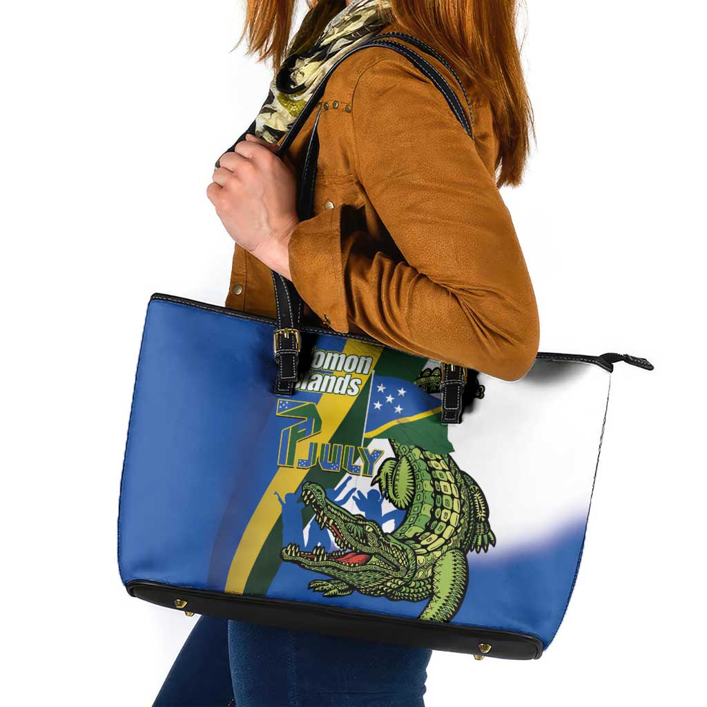 Solomon Islands Independence Day Leather Tote Bag Happy 7 July Crocodile Flag Style
