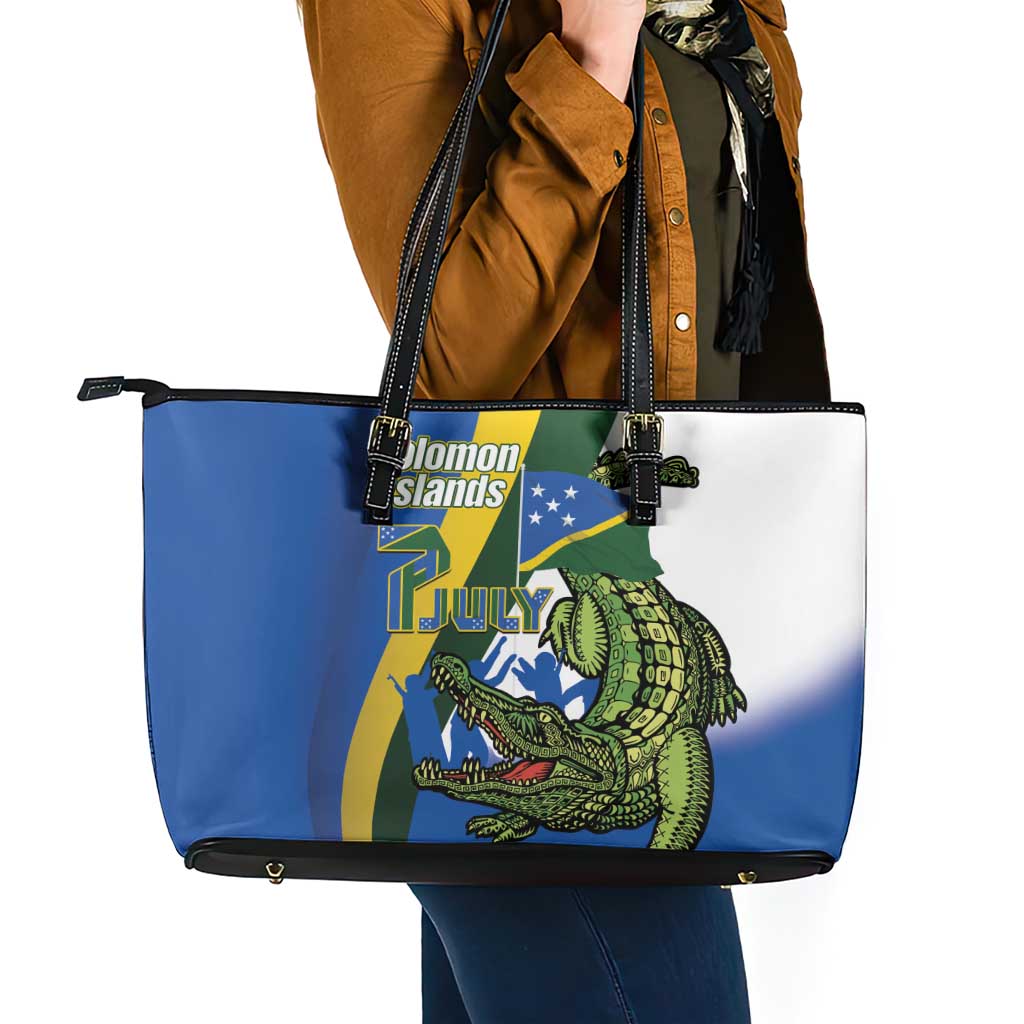 Solomon Islands Independence Day Leather Tote Bag Happy 7 July Crocodile Flag Style