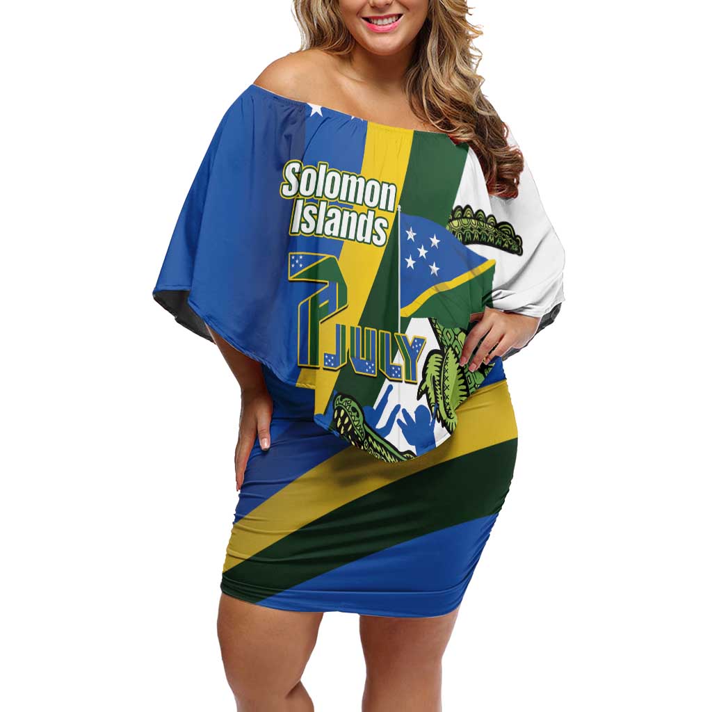 Solomon Islands Independence Day Off Shoulder Short Dress Happy 7 July Crocodile Flag Style