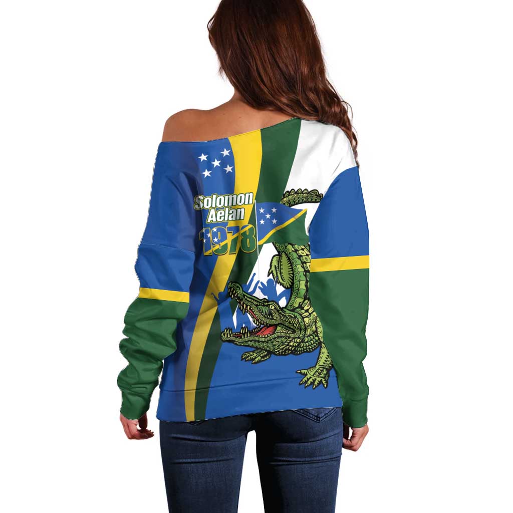 Solomon Islands Independence Day Off Shoulder Sweater Happy 7 July Crocodile Flag Style