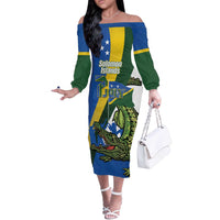 Solomon Islands Independence Day Off The Shoulder Long Sleeve Dress Happy 7 July Crocodile Flag Style