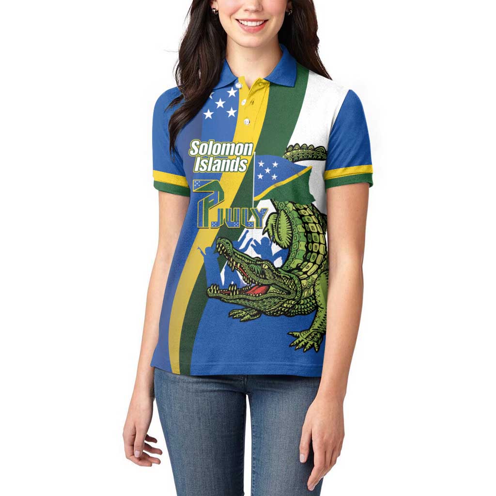 Solomon Islands Independence Day Women Polo Shirt Happy 7 July Crocodile Flag Style
