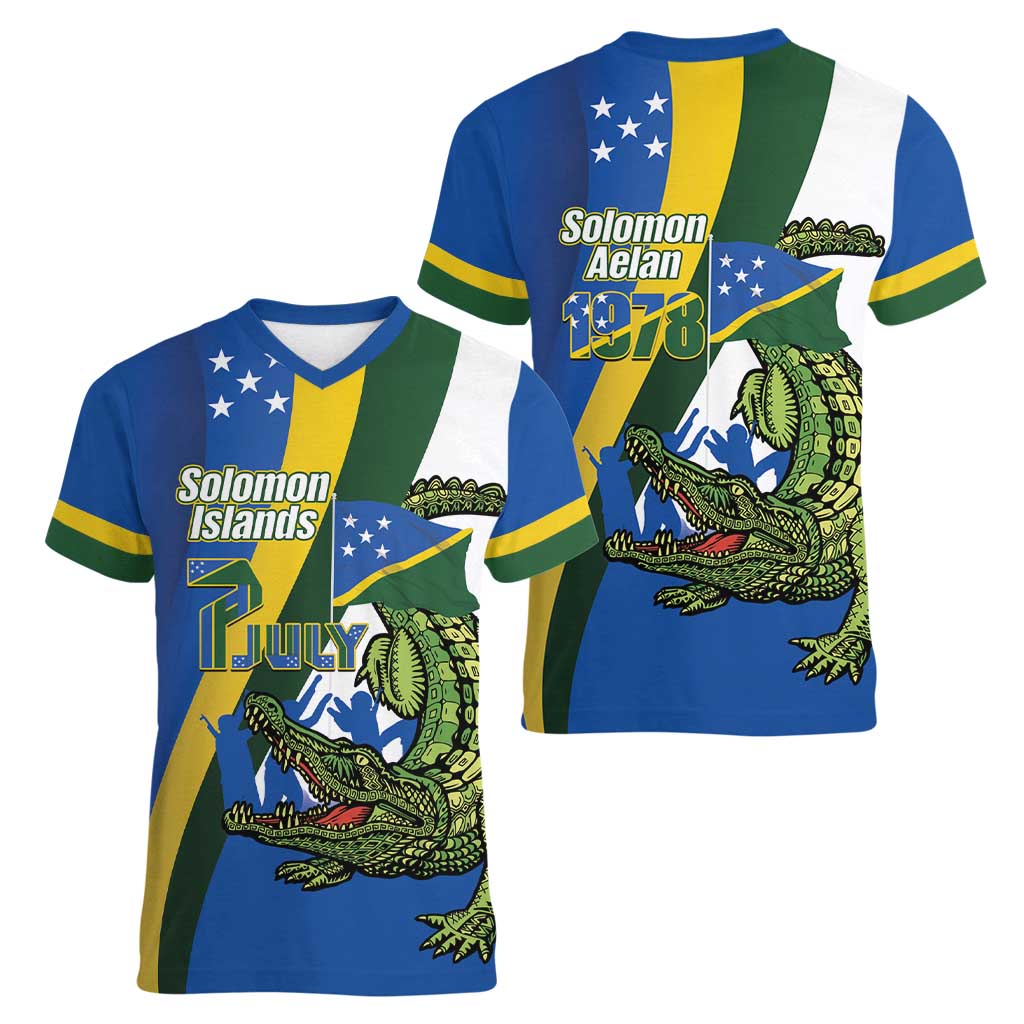 Solomon Islands Independence Day Women V-Neck T-Shirt Happy 7 July Crocodile Flag Style