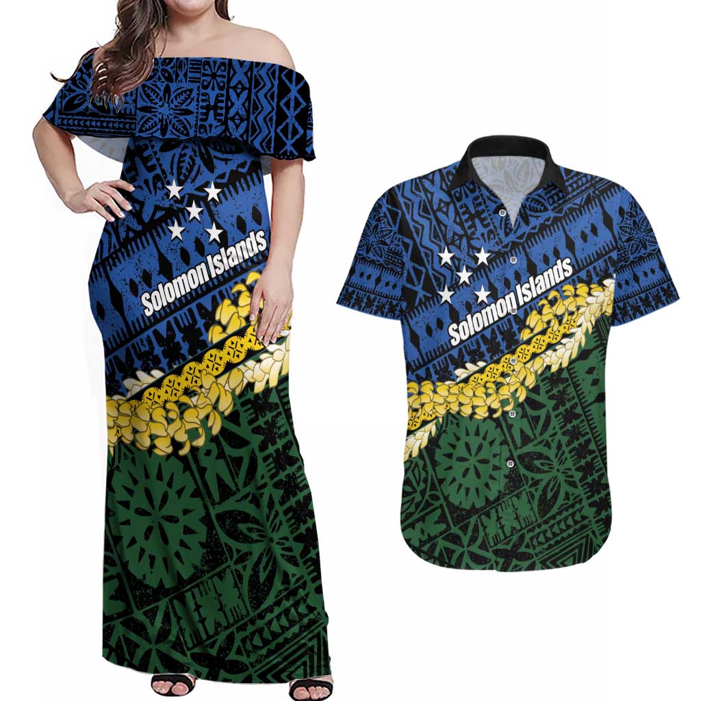 Halo Olaketa Solomon Islands Tapa Pattern Couples Matching Off Shoulder Maxi Dress and Hawaiian Shirt
