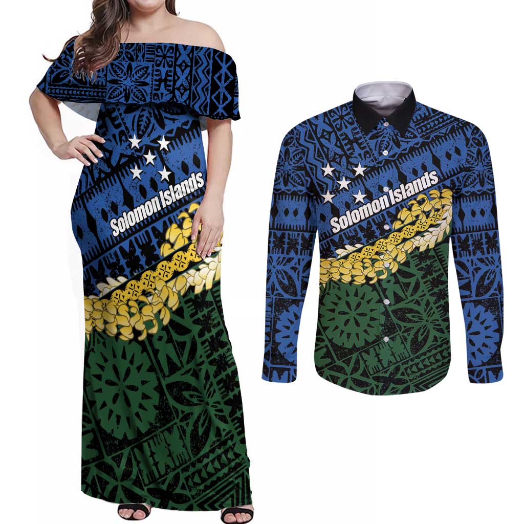 Halo Olaketa Solomon Islands Tapa Pattern Couples Matching Off Shoulder Maxi Dress and Long Sleeve Button Shirt