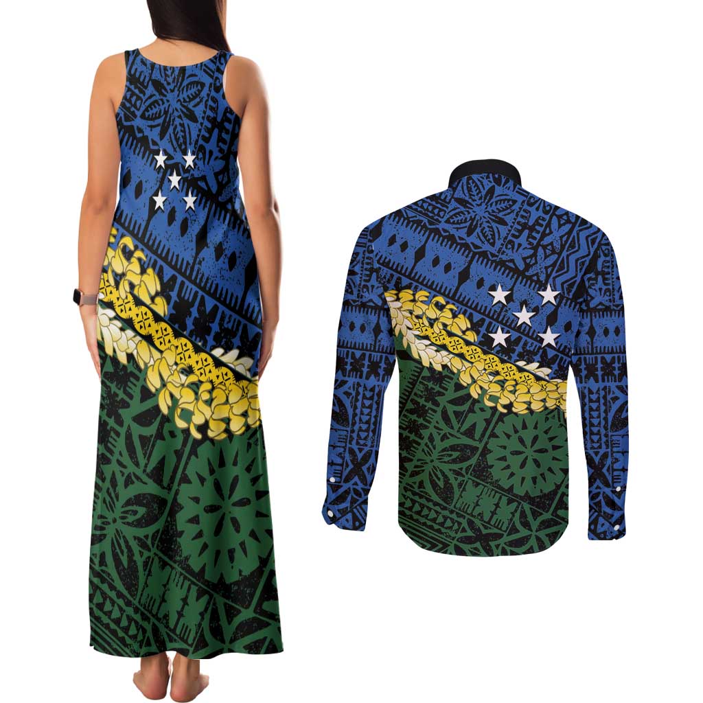 Halo Olaketa Solomon Islands Tapa Pattern Couples Matching Tank Maxi Dress and Long Sleeve Button Shirt