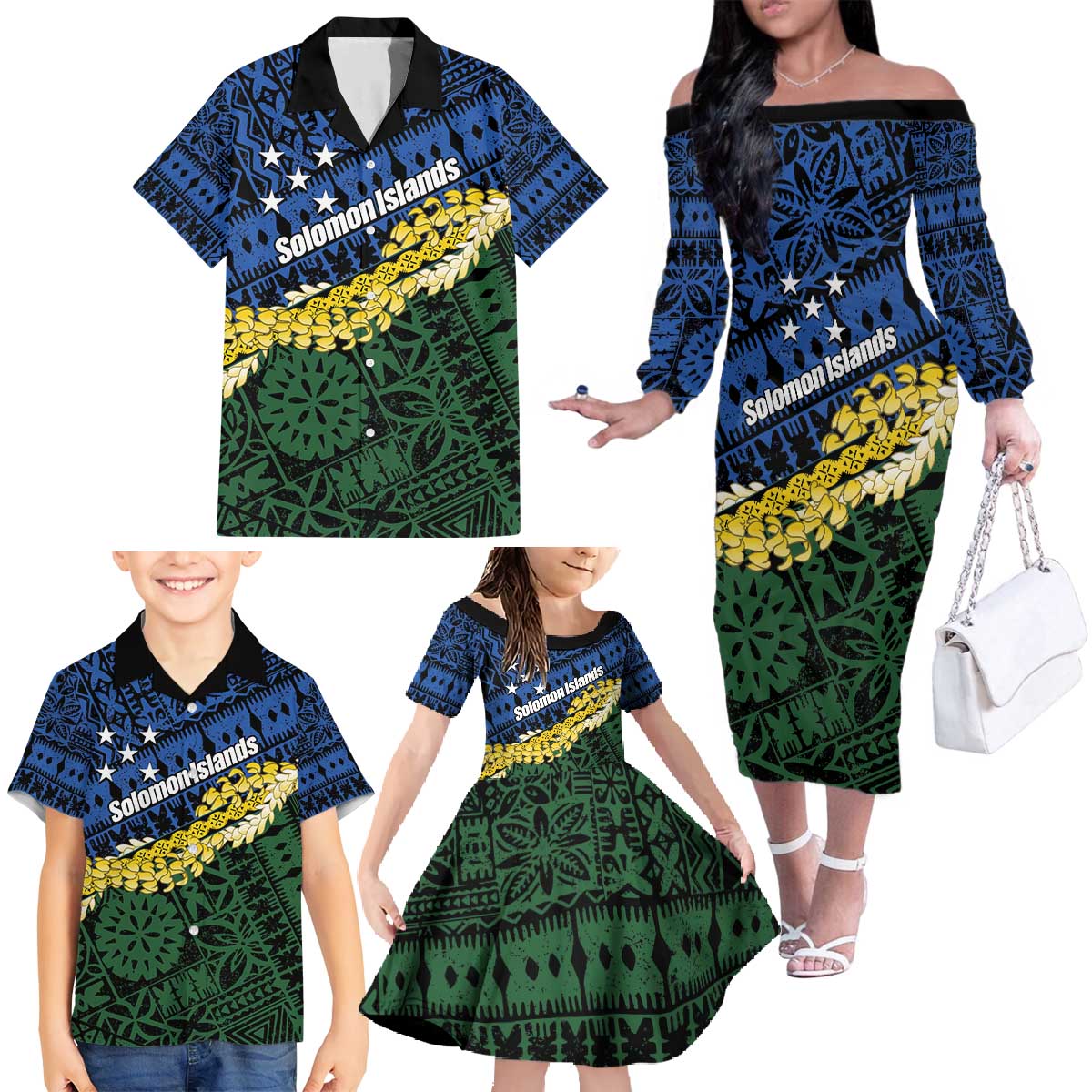 Halo Olaketa Solomon Islands Tapa Pattern Family Matching Off The Shoulder Long Sleeve Dress and Hawaiian Shirt