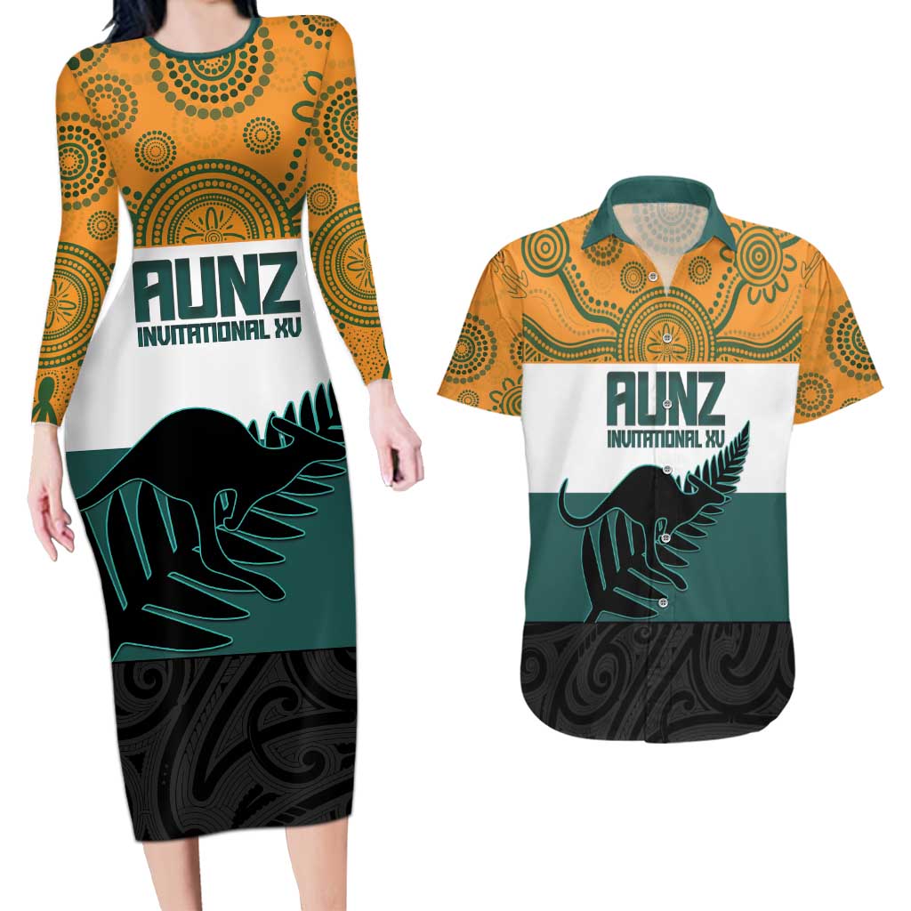 AUNZ Rugby Custom Couples Matching Long Sleeve Bodycon Dress and Hawaiian Shirt Australia Kangaroo New Zealand Silver Fern - Polynesian Pride