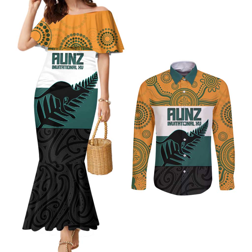 AUNZ Rugby Custom Couples Matching Mermaid Dress and Long Sleeve Button Shirt Australia Kangaroo New Zealand Silver Fern - Polynesian Pride