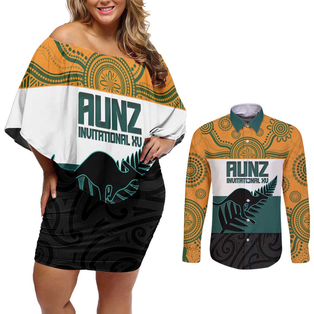 AUNZ Rugby Custom Couples Matching Off Shoulder Short Dress and Long Sleeve Button Shirt Australia Kangaroo New Zealand Silver Fern - Polynesian Pride