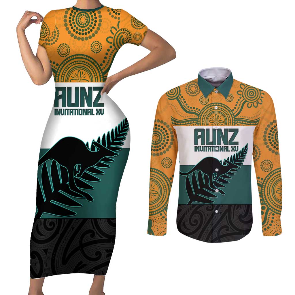 AUNZ Rugby Custom Couples Matching Short Sleeve Bodycon Dress and Long Sleeve Button Shirt Australia Kangaroo New Zealand Silver Fern - Polynesian Pride