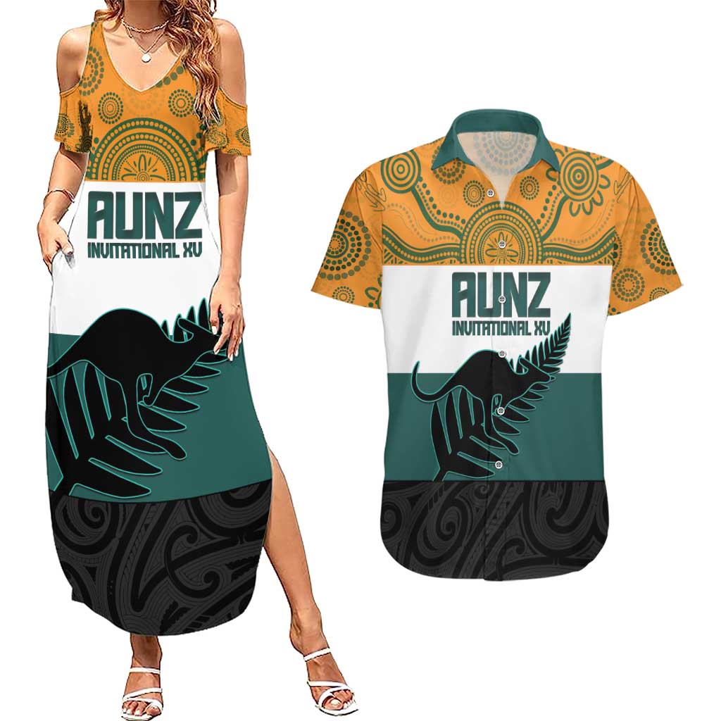 AUNZ Rugby Custom Couples Matching Summer Maxi Dress and Hawaiian Shirt Australia Kangaroo New Zealand Silver Fern - Polynesian Pride