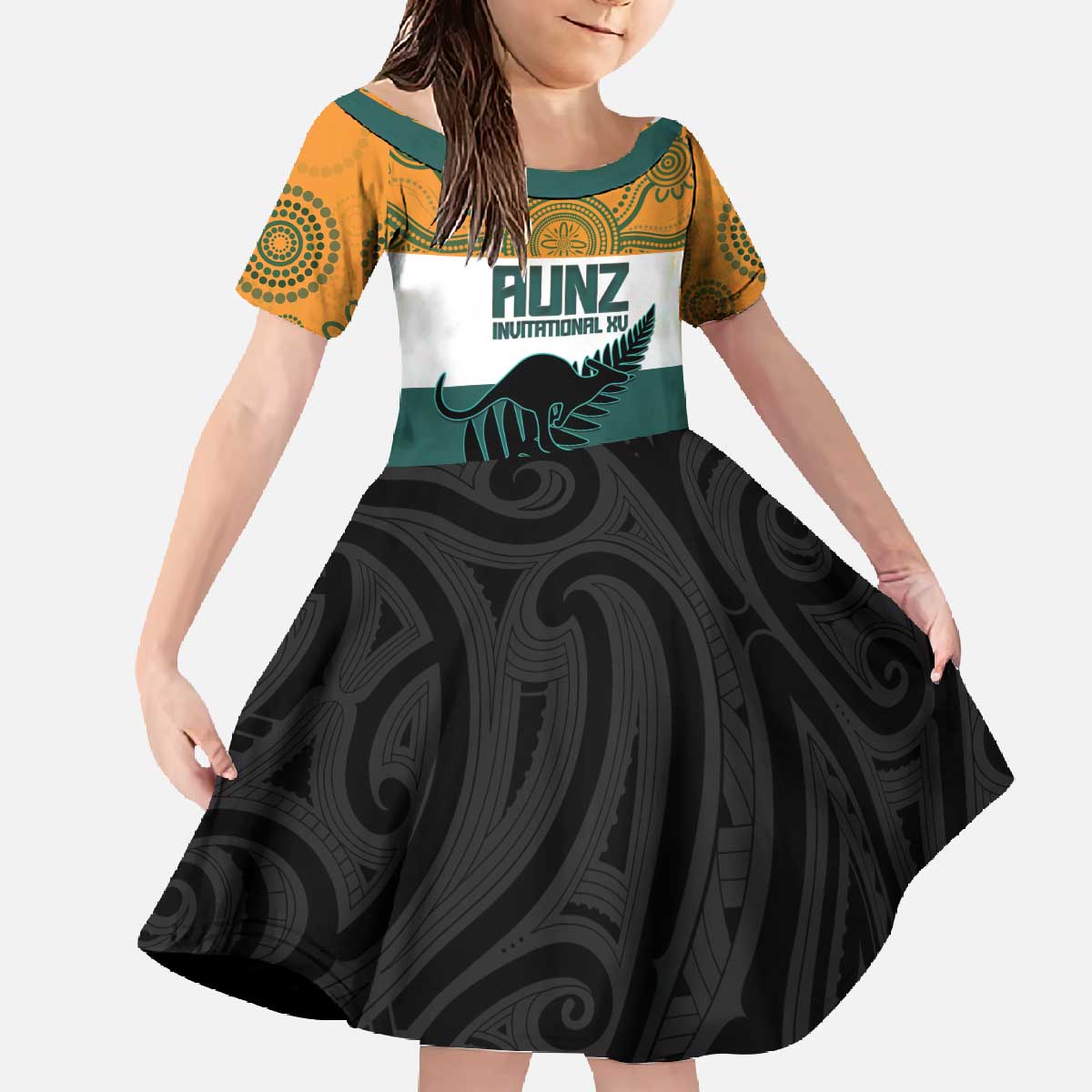 AUNZ Rugby Custom Family Matching Off The Shoulder Long Sleeve Dress and Hawaiian Shirt Australia Kangaroo New Zealand Silver Fern - Polynesian Pride