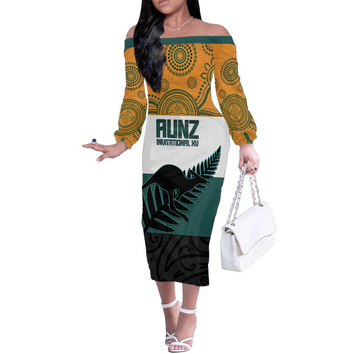 AUNZ Rugby Custom Family Matching Off The Shoulder Long Sleeve Dress and Hawaiian Shirt Australia Kangaroo New Zealand Silver Fern - Polynesian Pride
