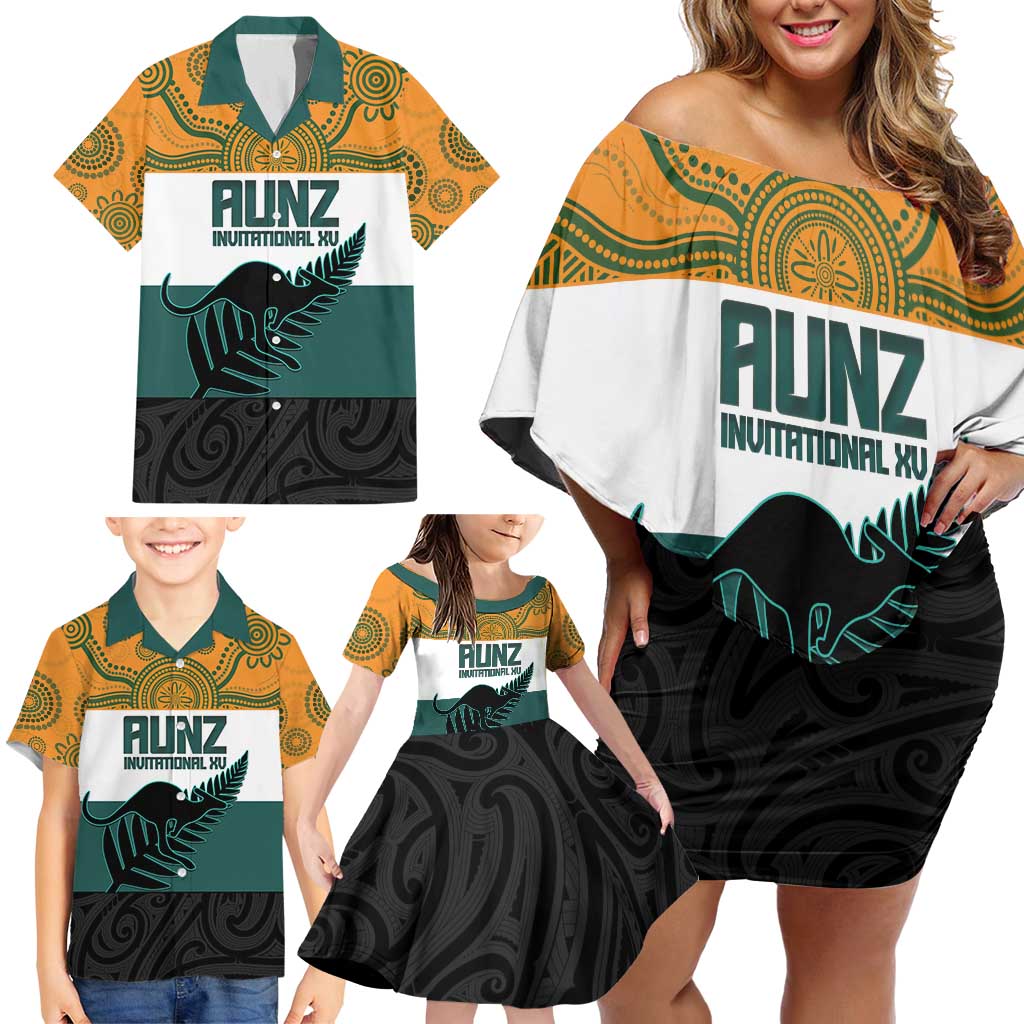AUNZ Rugby Custom Family Matching Off Shoulder Short Dress and Hawaiian Shirt Australia Kangaroo New Zealand Silver Fern - Polynesian Pride
