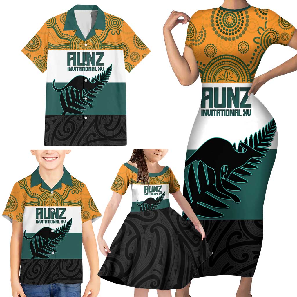 AUNZ Rugby Custom Family Matching Short Sleeve Bodycon Dress and Hawaiian Shirt Australia Kangaroo New Zealand Silver Fern - Polynesian Pride