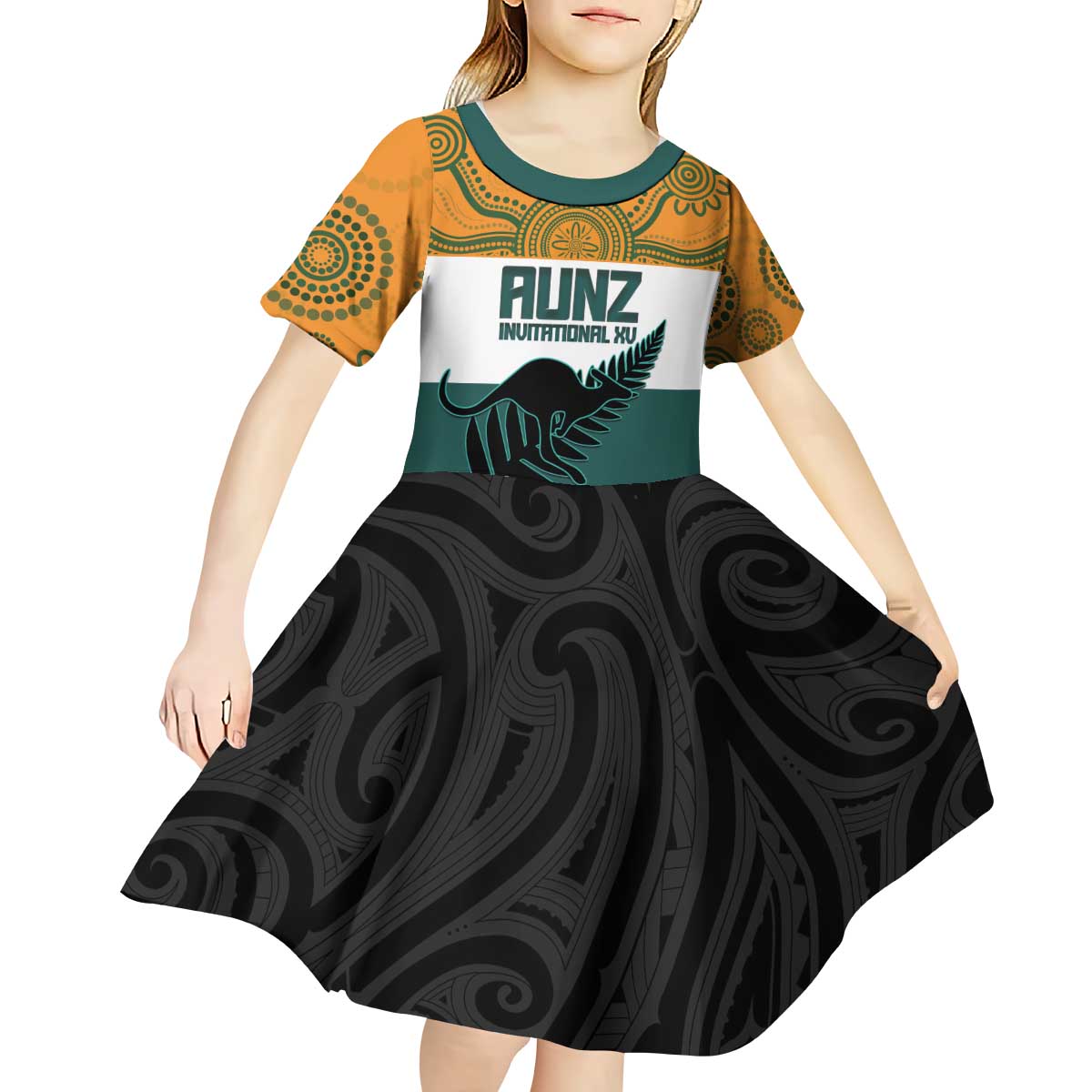 AUNZ Rugby Custom Kid Short Sleeve Dress Australia Kangaroo New Zealand Silver Fern - Polynesian Pride