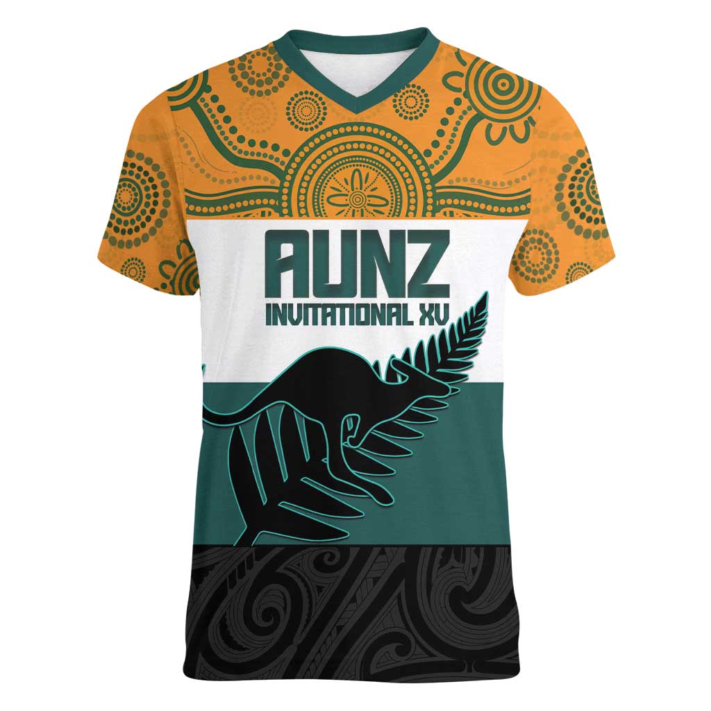 AUNZ Rugby Custom Women V-Neck T-Shirt Australia Kangaroo New Zealand Silver Fern - Polynesian Pride
