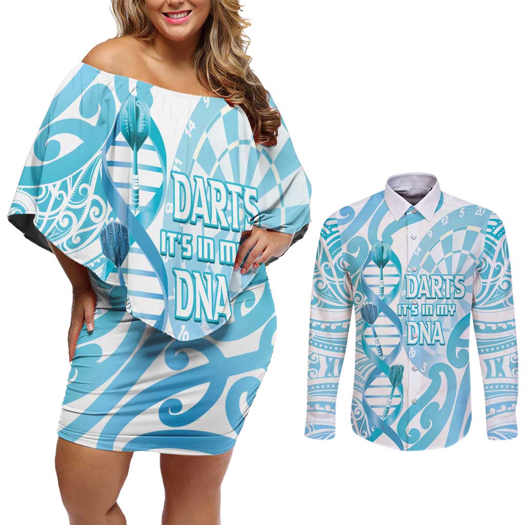 Personalised New Zealand Darts Couples Matching Off Shoulder Short Dress and Long Sleeve Button Shirt Aotearoa Maori Its In My DNA White - Polynesian Pride