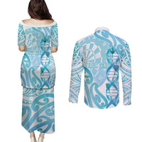 Personalised New Zealand Darts Couples Matching Puletasi and Long Sleeve Button Shirt Aotearoa Maori Its In My DNA White - Polynesian Pride