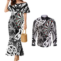 Personalised New Zealand Darts Couples Matching Mermaid Dress and Long Sleeve Button Shirt Aotearoa Maori Its In My DNA Black - Polynesian Pride