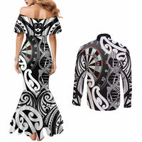 Personalised New Zealand Darts Couples Matching Mermaid Dress and Long Sleeve Button Shirt Aotearoa Maori Its In My DNA Black - Polynesian Pride